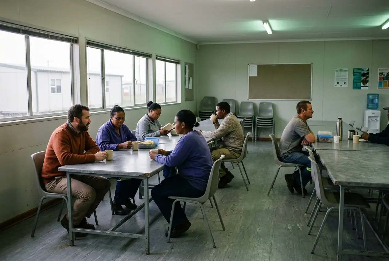 A plain workplace canteen mid-morning: seven people at two long formica tables with mugs and lunchboxes, in ordinary clothes of no single uniform, some talking and one looking out of the window.