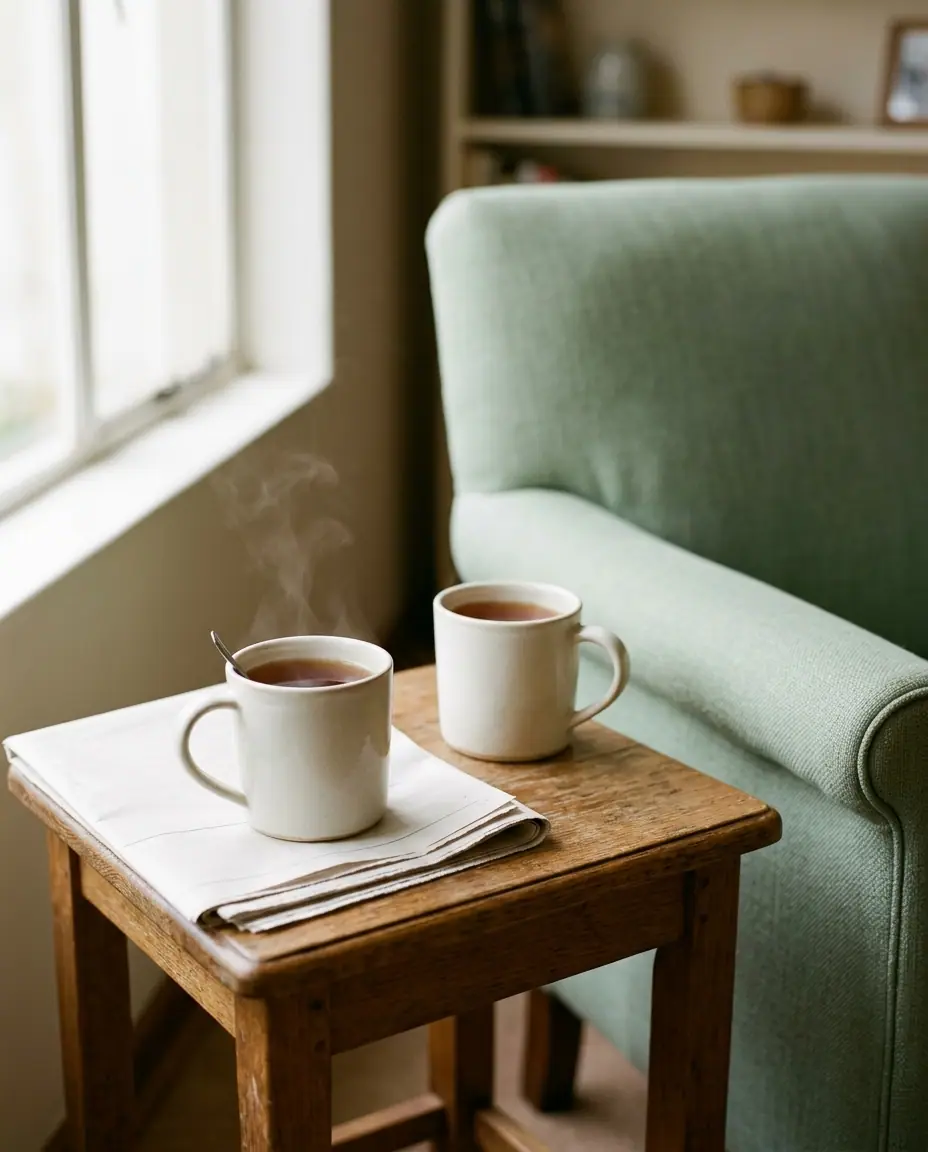 Two mugs of tea on a side table beside a chair
