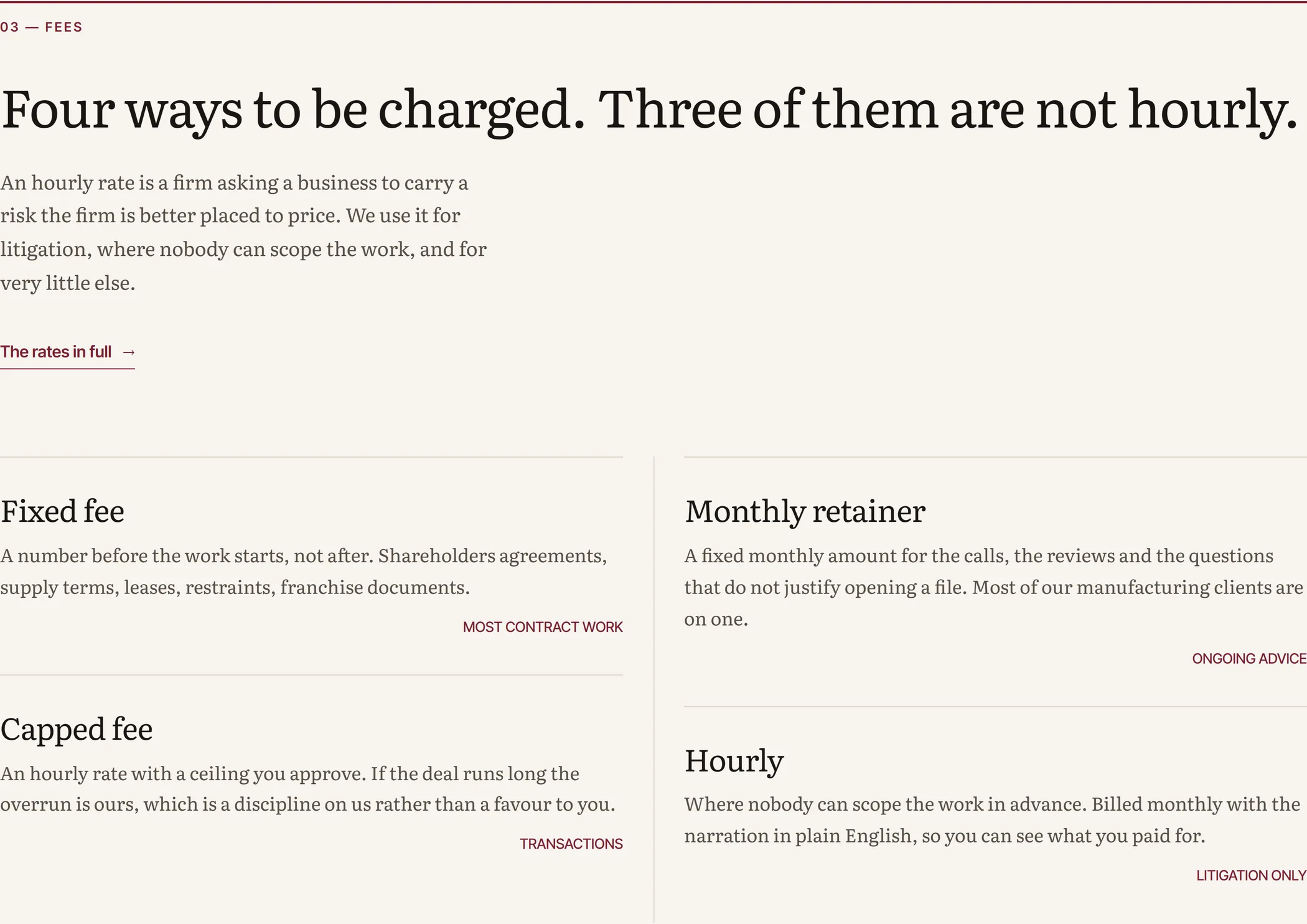 The fees section of the example site’s home page, headed “Four ways to be charged. Three of them are not hourly”, setting out fixed fee, capped fee, monthly retainer and hourly with what each is used for.