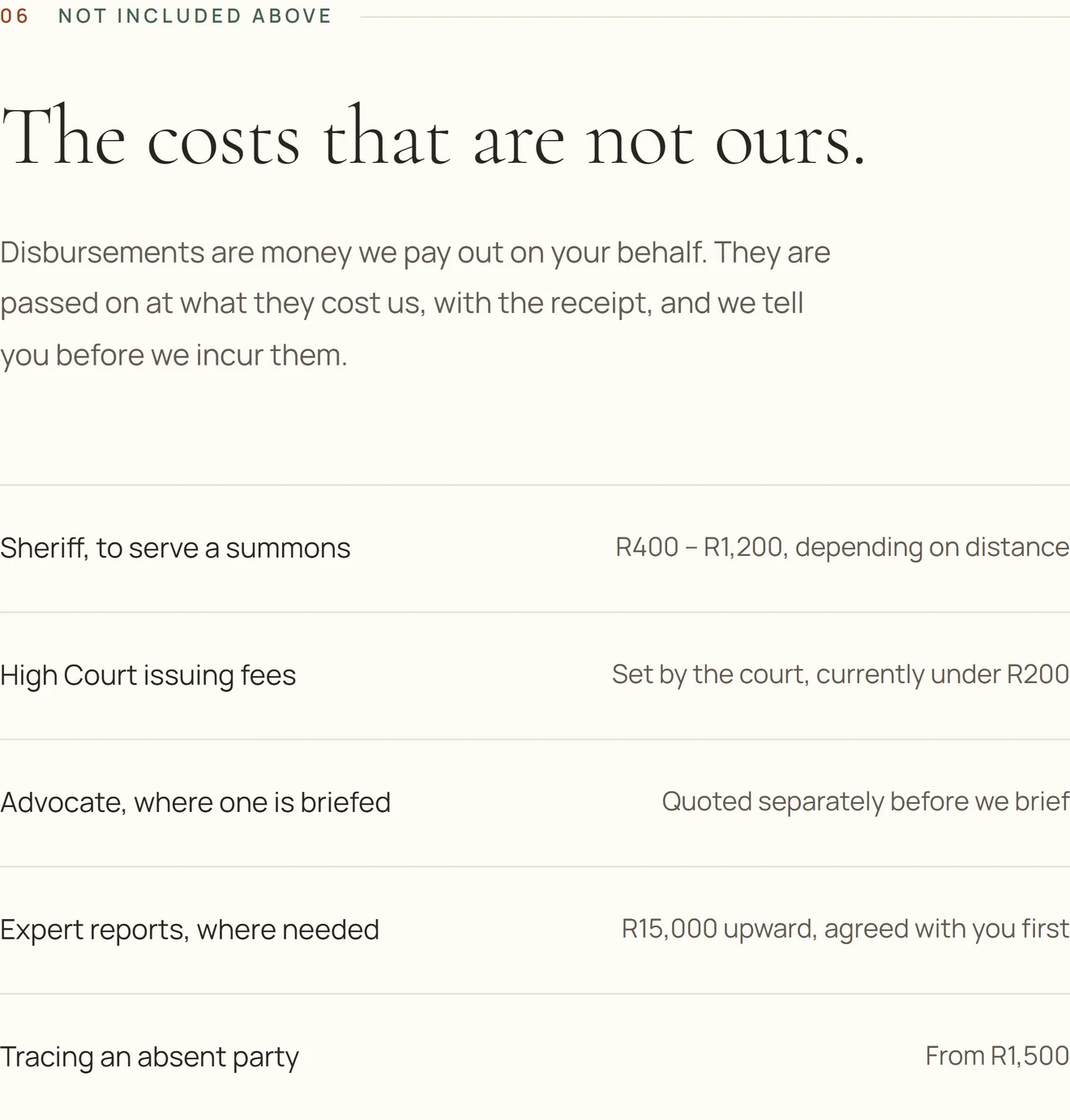 A section of the example site’s fee page headed “The costs that are not ours”, listing sheriff’s fees, High Court issuing fees, advocate’s fees and expert reports, each with a figure or a note on how it is quoted.