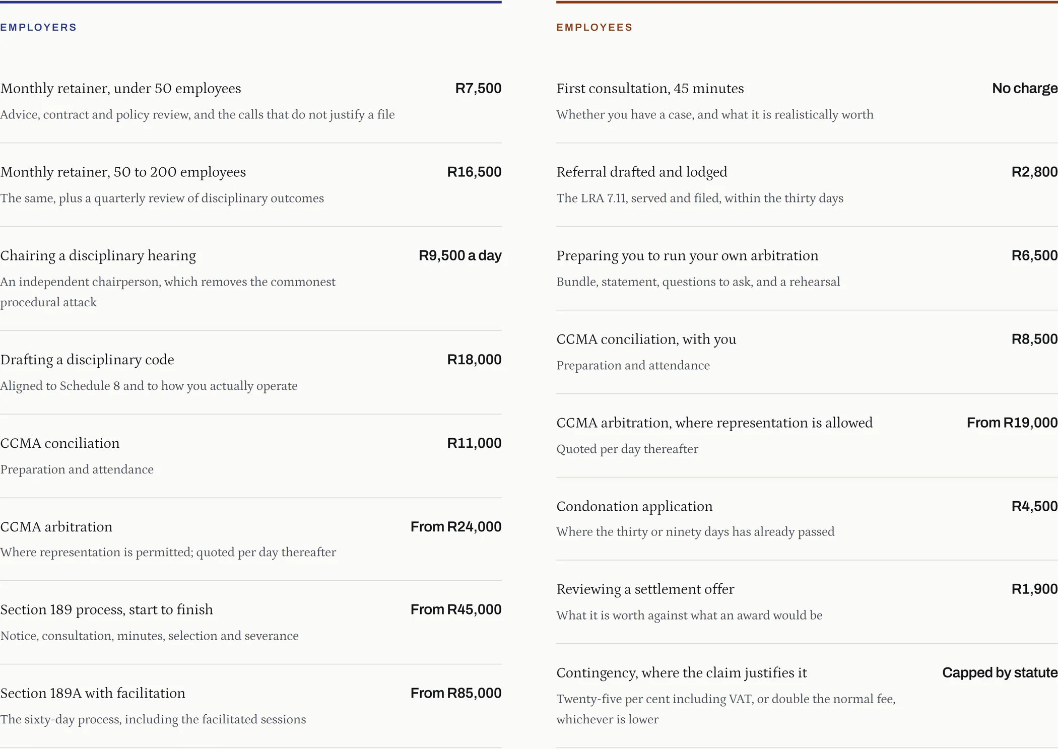 Two fee schedules side by side on the example site, headed Employers and Employees, each listing services with prices — monthly retainers and hearings on one side, a free first consultation and CCMA referrals on the other.