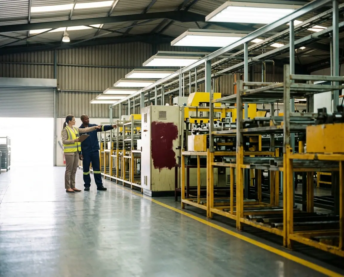 The floor of an automotive component factory: yellow machinery and steel racking running away from camera, with two people small in the frame beside a machine.
