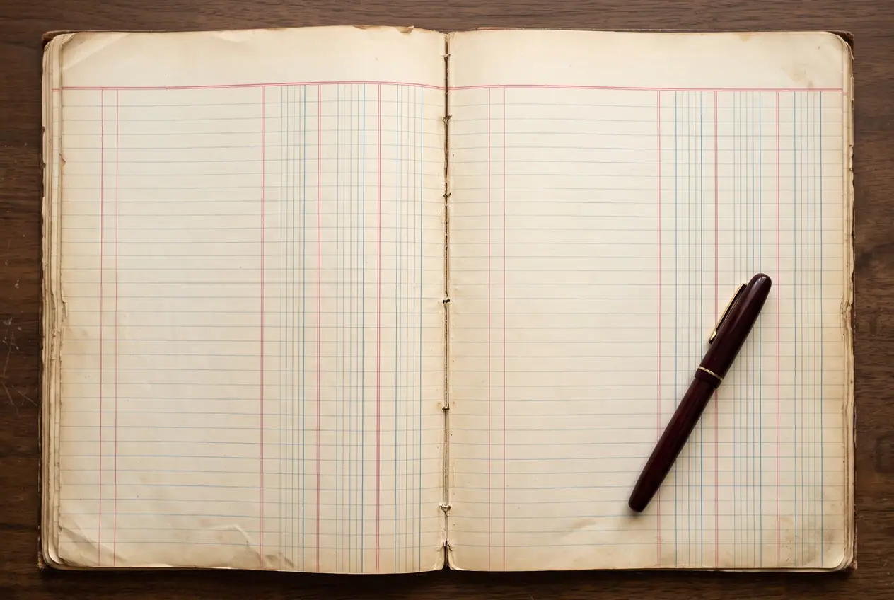 A large columnar ledger lying open flat on a dark timber desk, photographed from directly overhead, its cream pages ruled in faded red and blue and entirely unwritten, with a dark fountain pen lying across the lower right.