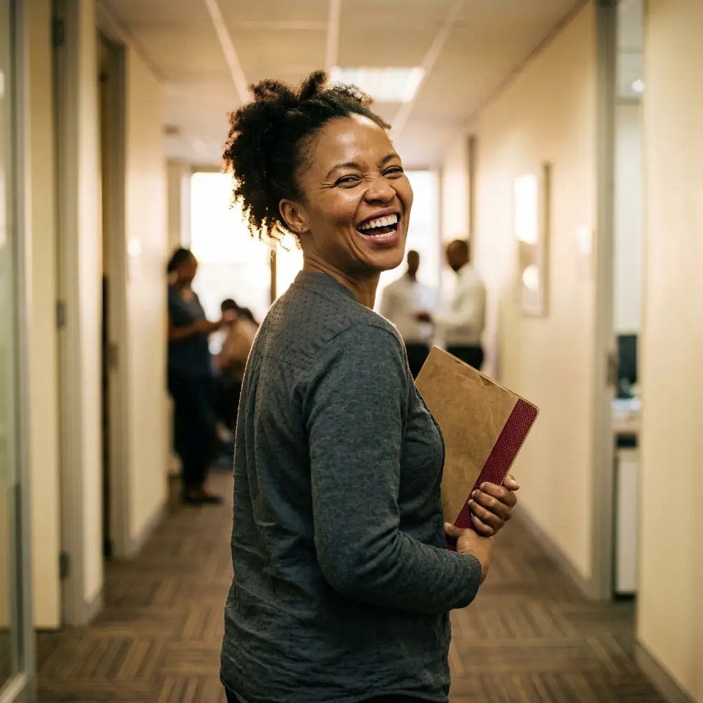 A woman in her forties in an office corridor, turned away from camera and glancing back, caught mid-laugh, holding a folder against her hip.