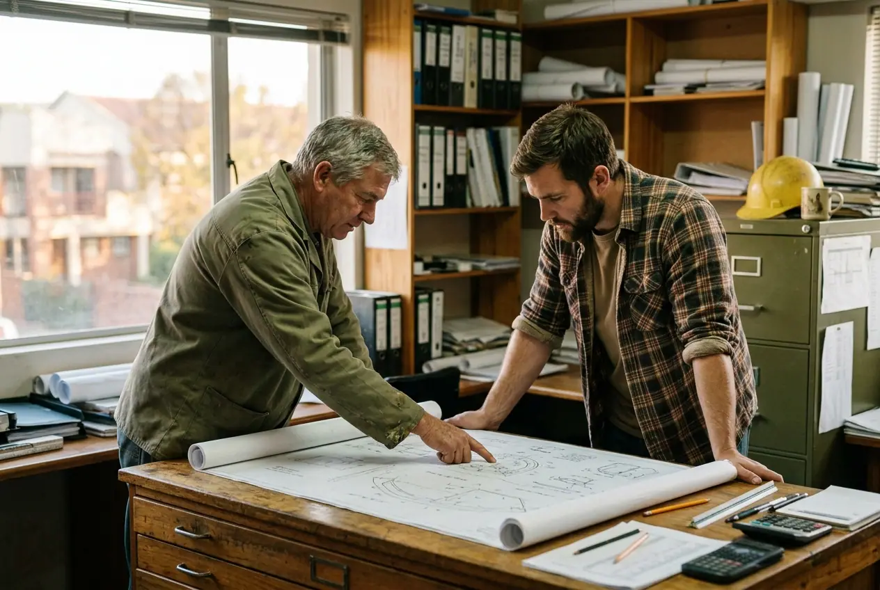 Two engineers in a small practice office leaning over a large drawing spread across a desk, one pointing at it, neither looking at the camera.
