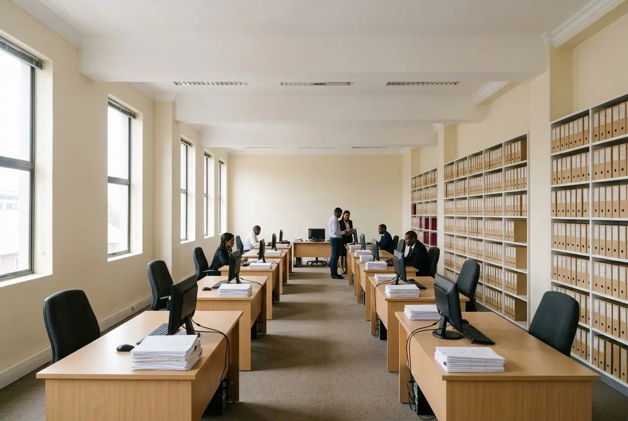 A single long working room in a law office: desks in a row down one side with monitors and stacked papers, floor-to-ceiling open shelving of identical buff box files down the other, and three people working, each small in the frame.