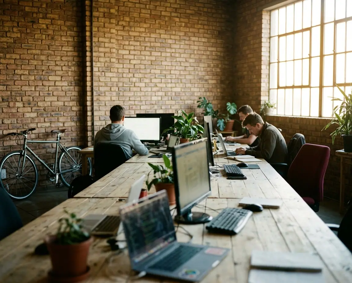 A small software company in a converted warehouse: exposed brick, a long shared timber bench, three people working with their backs to the camera, a bicycle against the wall.