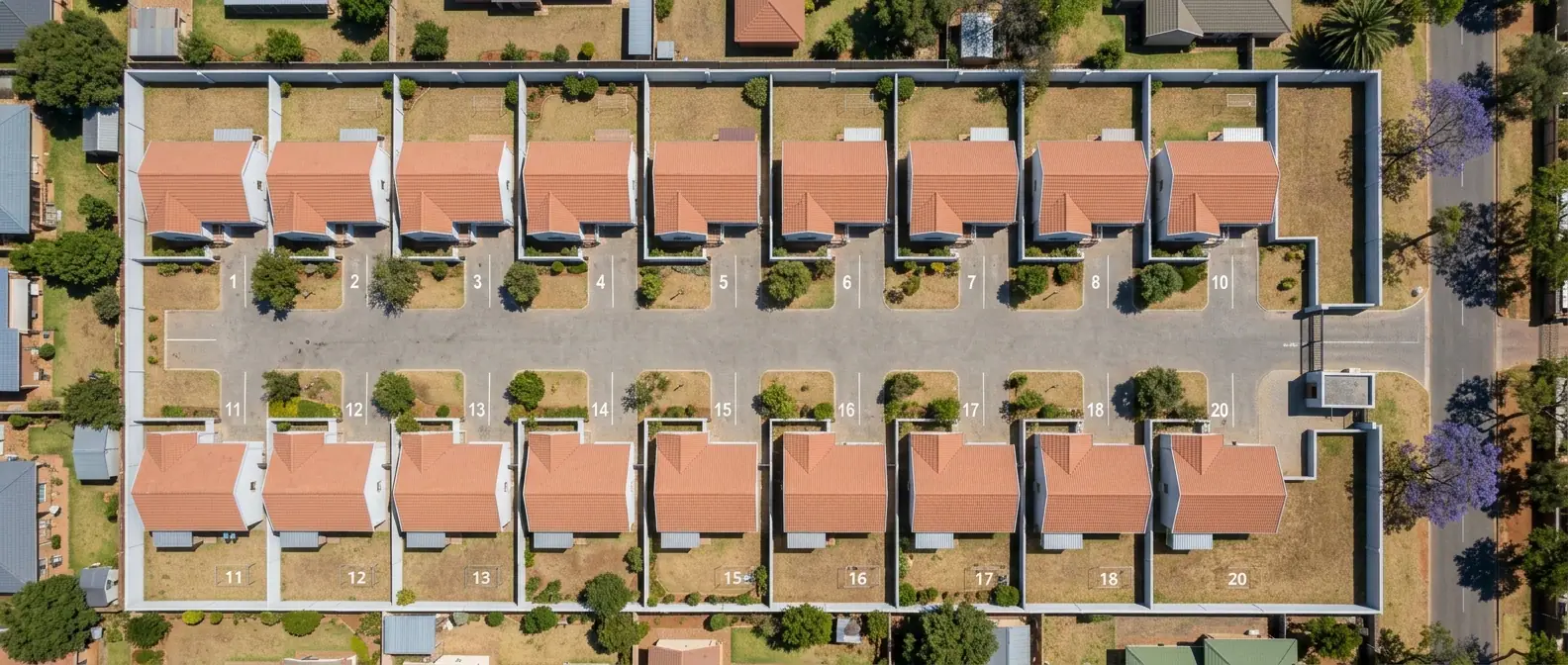 A sectional title complex photographed from directly overhead: two facing rows of identical townhouses with private courtyards, a shared internal driveway and numbered parking bays.